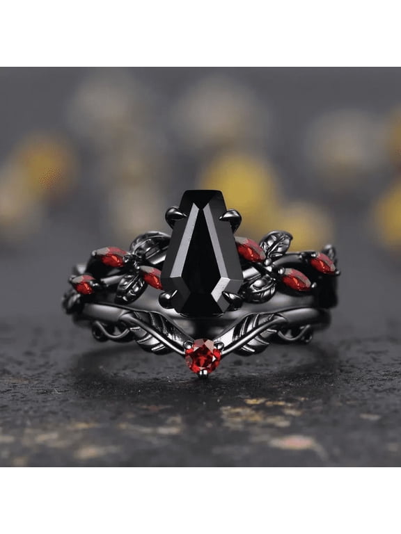 Coffin Shape Black Onyx Ring- Antique Red Garnet Bridal Promise Ring Set IN 14K Black Gold Vermeil
