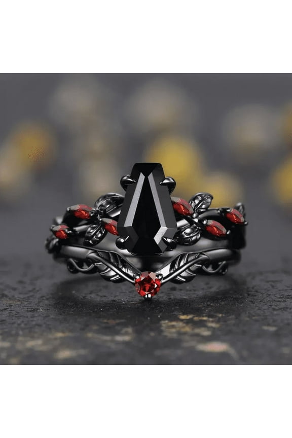 Coffin Shape Black Onyx Ring- Antique Red Garnet Bridal Promise Ring Set IN 14K Black Gold Vermeil