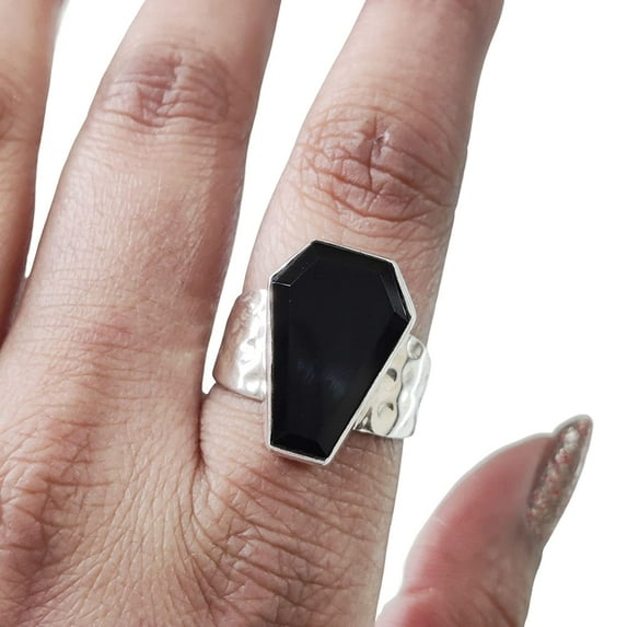 Coffin Shape Black Onyx Ring, Natural Black Onyx Ring, December Birthstone, Hammer Womens Ring, Coffin Ring, 925 Sterling Silver, Christmas, Handmade, Statement Jewelry, Coffin Shape Gemstone Ring