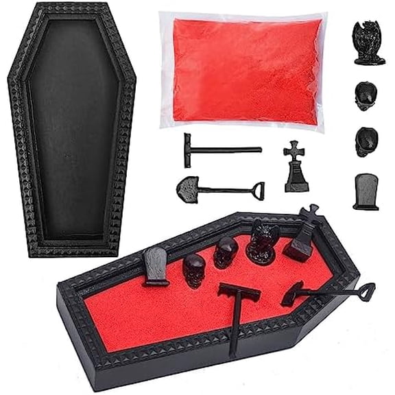 Coffin Zen Garden with Red Sand - Unique Mini Therapy Zen Garden Kit for Desk - Spooky Goth Valentines Halloween Decor Sand Garden with Skulls for Home and Office - Witchy Gifts for Women