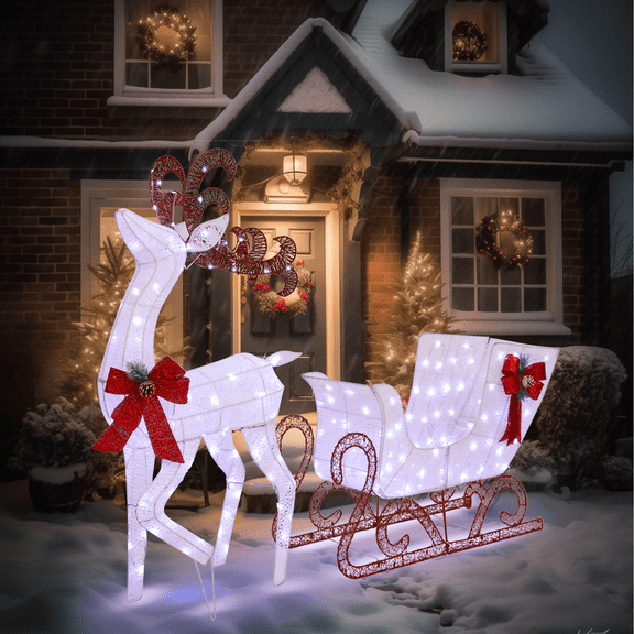 Cofiyard 4ft Christmas Lighted Reindeer & Sleigh Set, Holiday Deer and Sled 2 Pcs,Outdoor Yard Decoration with 200 LED Lights, White Stakes