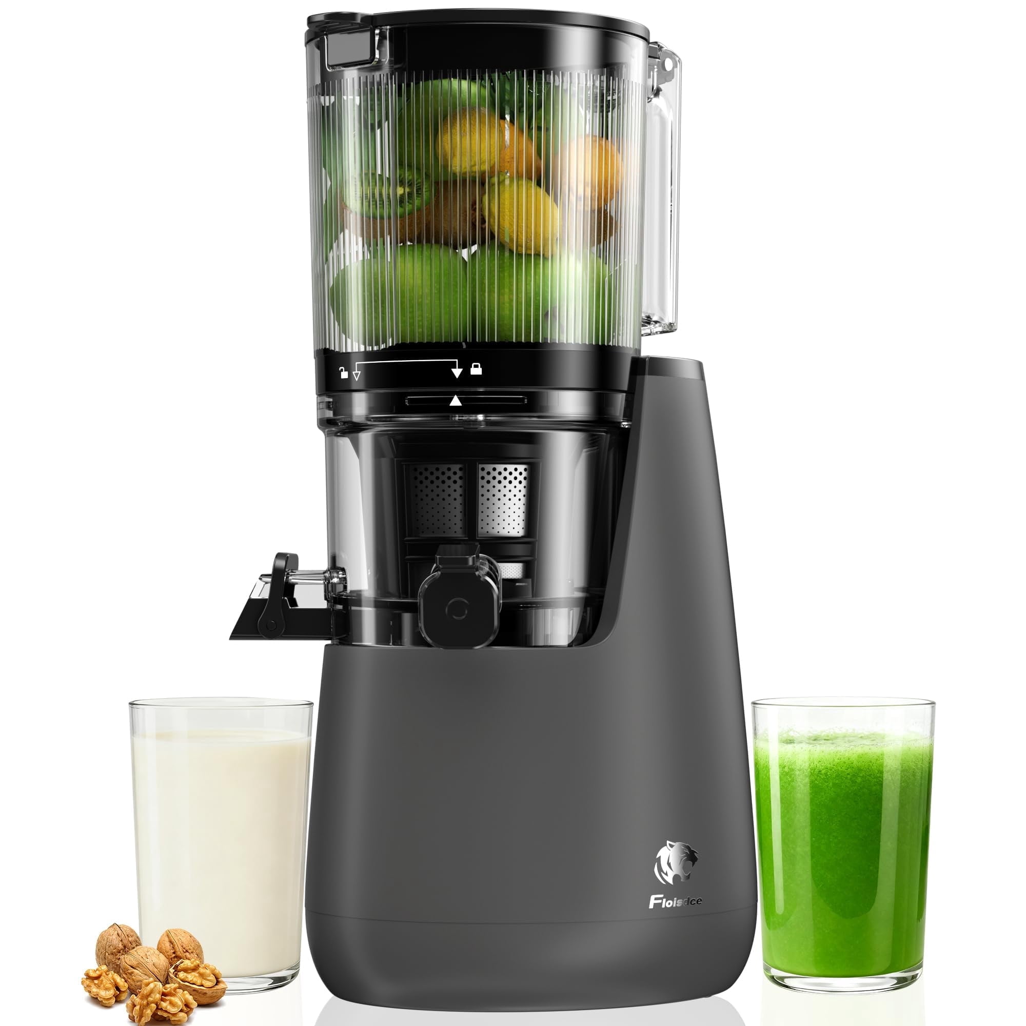 Cofiyard Cold Press Juicer, 6" Wide Feed Chute Slow Masticating Juicer Machine, Self Precut System, High Juice Yield, BPA-Free, Extra one Replace Juicer Strainer, Dark Gray
