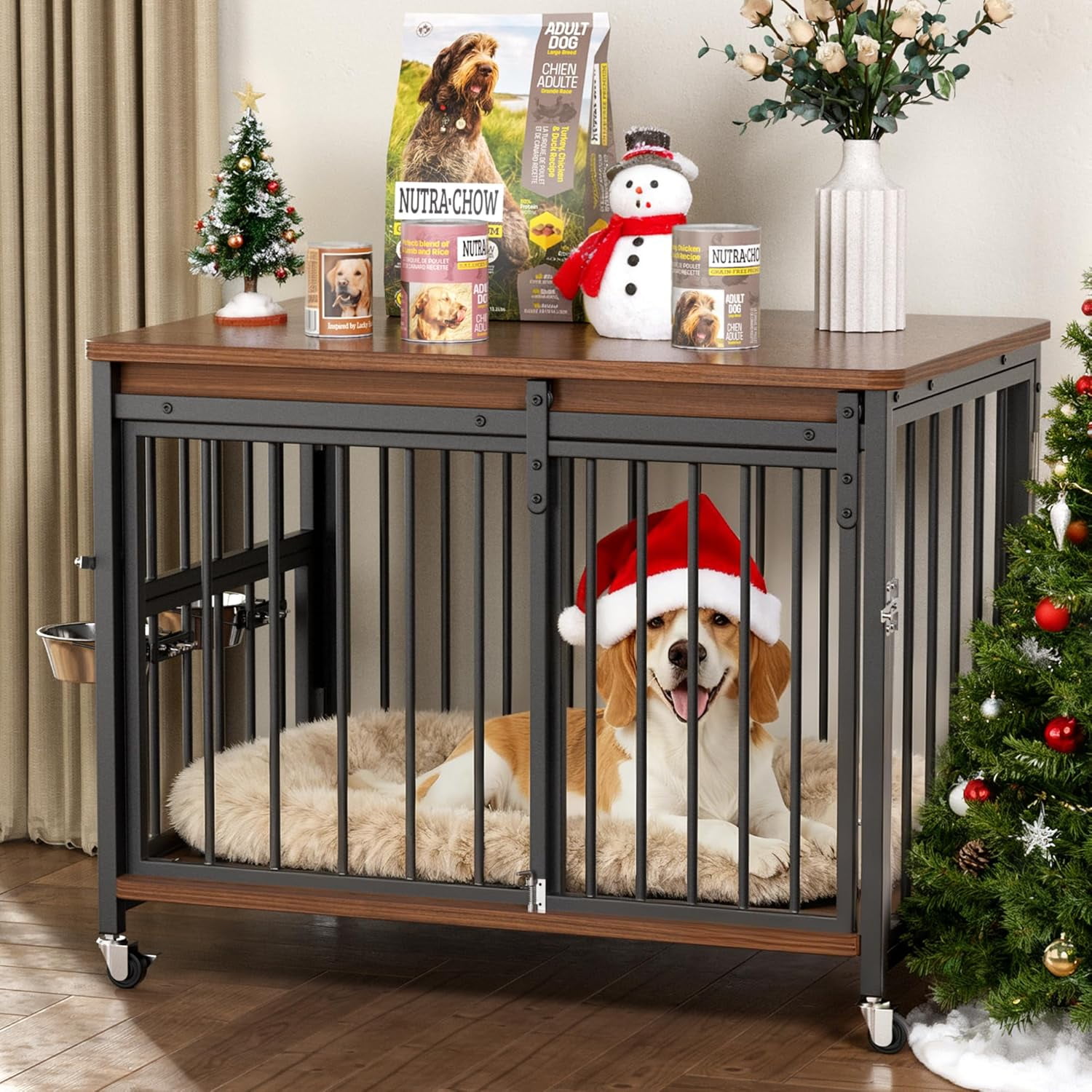 Cofiyard Dog Crate Furniture, 32" Wooden Dog Kennel Indoor with Sliding Front Door, Multi-Side Openings & Feeding Window Pet Cage House, Brown End Table, S