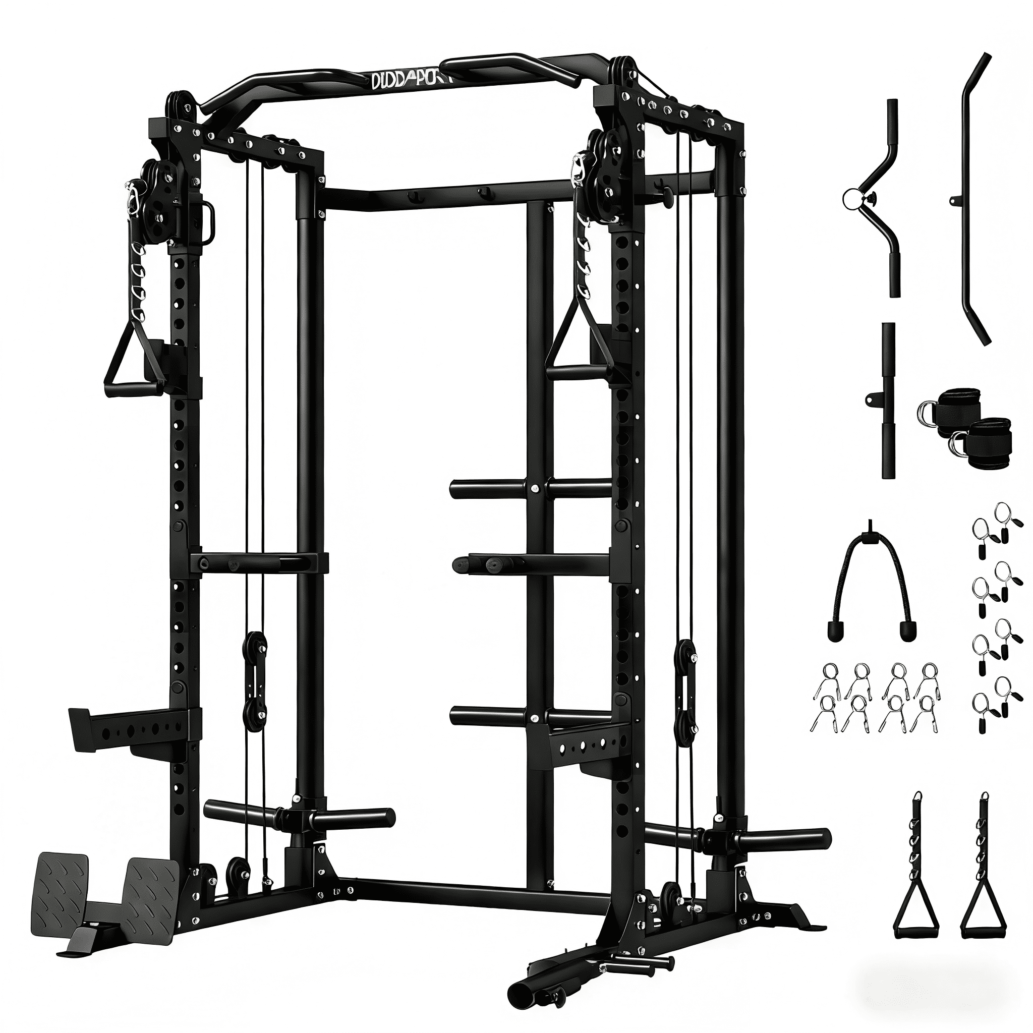 Cofiyard Power Cage, Power Rack with Dual Pulley System, Multi-Functional Weight Training Squat Rack with Cable Crossover, Free Weight Home Gym Workout Machine(Black)