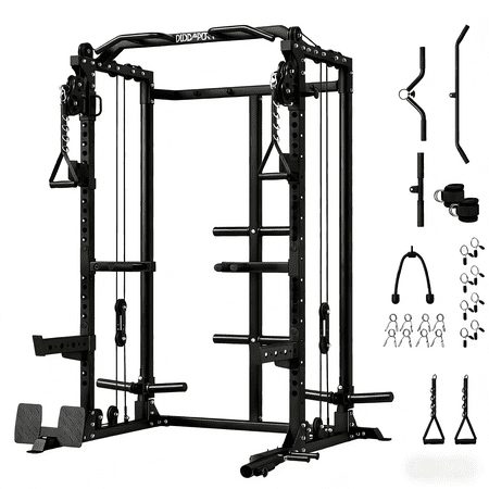 Cofiyard Power Cage, Power Rack with Dual Pulley System, Multi-Functional Weight Training Squat Rack with Cable Crossover, Free Weight Home Gym Workout Machine(Black)