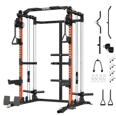 Cofiyard Power Cage, Power Rack with Dual Pulley System, Multi-Function Squat Rack with Cable Crossover, Free Weight Home Gym Workout Machine(Orange)