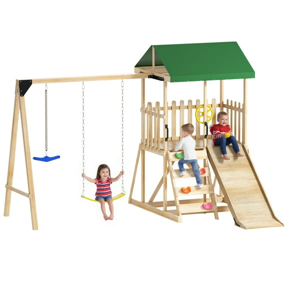 Cofiyard Wooden Swing Set with 2-Person Swing, Kids Playground for Backyard,Heavy Duty A-Frame, Wooden Playhouse Set with Slide, Kids Outdoor Play