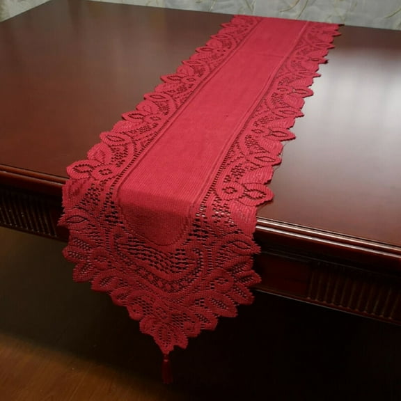 Cogfs 1 Pcs Vintage Hand Knitted Floral Lace Table Runner Tasseled Edge Wedding Party Decor,Red