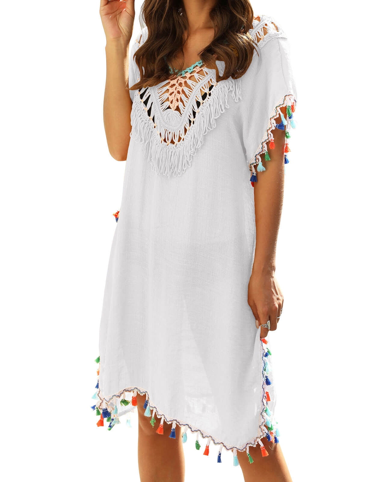 Solid Hollow Deep V Neck Swimsuit Cover Up