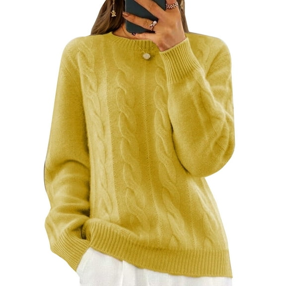 Cogild Cable Knitted Crew Neck Long Sleeve Pullover Sweaters for Womens Soft Textured Casual Fall Winter Knitwear Tops for Daily and Office Wear