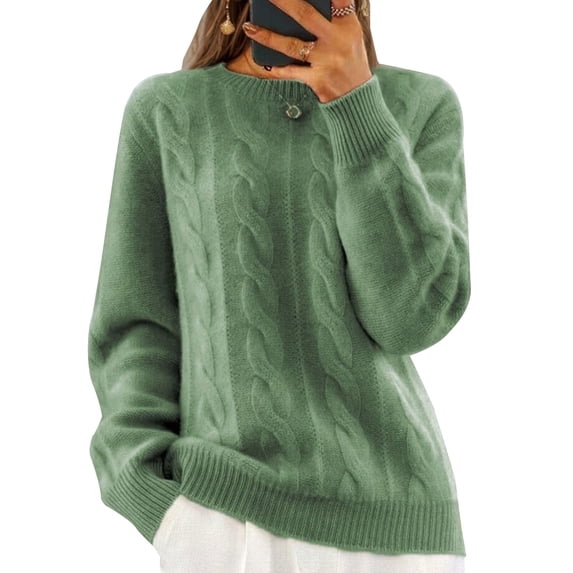 Cogild Cable Knitted Crew Neck Long Sleeve Pullover Sweaters for Womens Soft Textured Casual Fall Winter Knitwear Tops for Daily and Office Wear