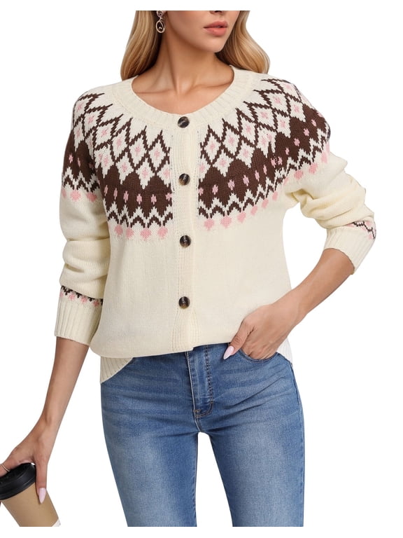 Cardigan Sweaters for Women Fair Isle Knit Button Up Cardigan