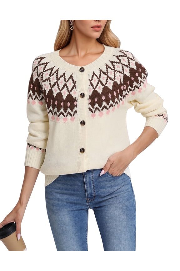 Cardigan Sweaters for Women - Vintage Fair Isle Geometric Knit Button up Sweater
