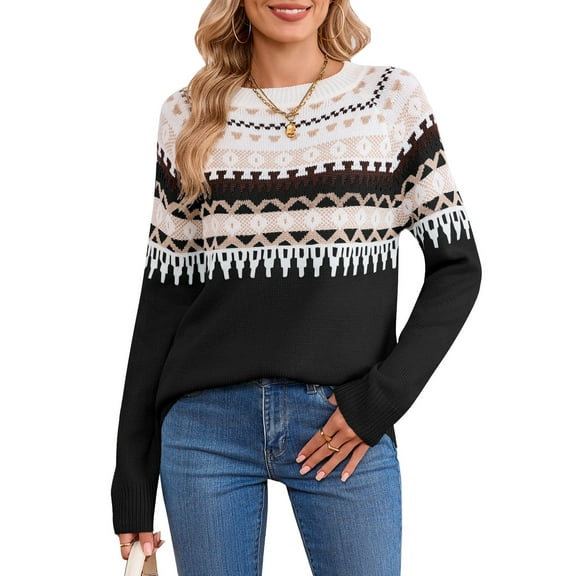 Women's Fair Isle Sweater, Crew Neck Long Sleeve Knit Pullover Christmas Holiday Winter Sweater by Cogild