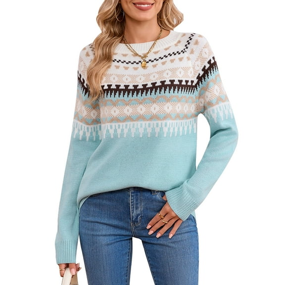 Women's Fair Isle Sweater, Crew Neck Long Sleeve Knit Pullover Christmas Holiday Winter Sweater by Cogild