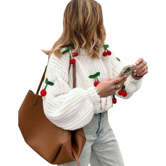 Cogild Knitted Oversized Sweaters for Womens with Cherry Embellishments for Casual Wear Solid Color Long Sleeves Fall Winter Sweaters for Womens