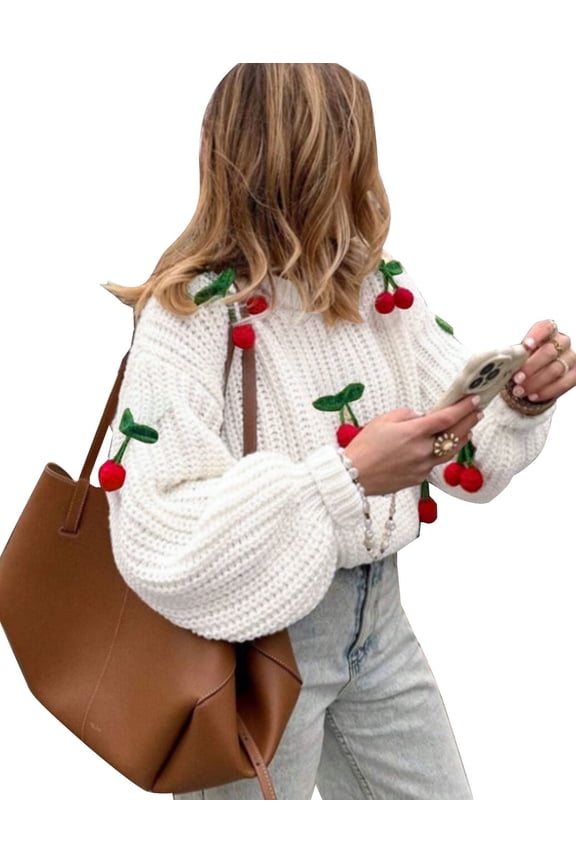 Knitted Oversized Sweaters for Womens with Cherry Embellishments for Casual Wear Solid Color Long Sleeves Fall Winter Sweaters for Womens