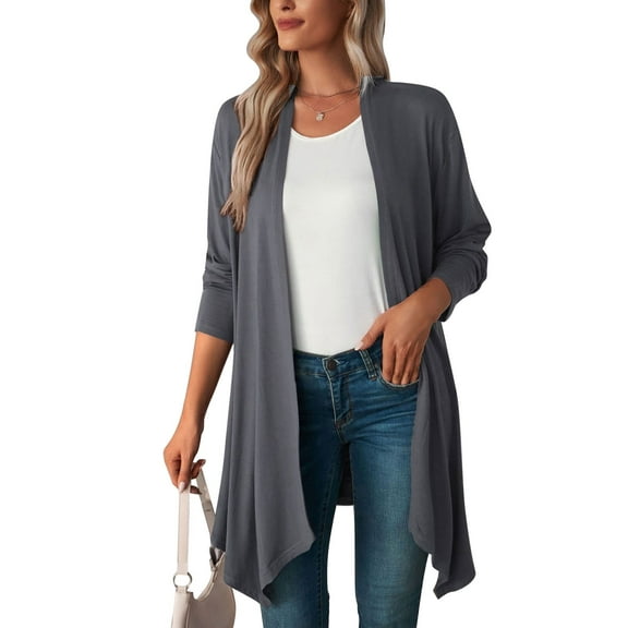 Cogild Long Open Front Cardigans for Women Comfortable Knitted Layering with Three-Quarter Sleeves Comfort Wear