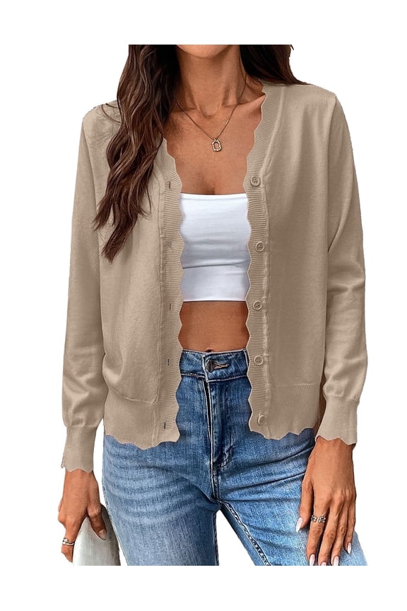 Women's Cardigan - Long Sleeve Button Front Lightweight Solid Color Scalloped V-Neck Fall Casual Cardigan