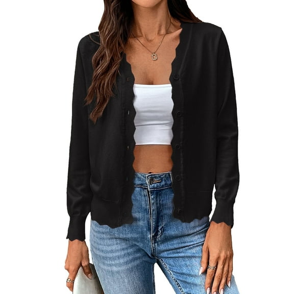 Cogild Long Sleeve Button Front Cardigans for Womens Lightweight Solid Color Tops with Unique Scalloped V-Neckline Fall Cardigans for Womens Casual and Stylish Cardigans