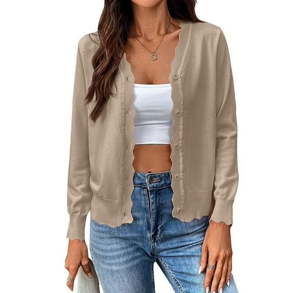 Cogild Long Sleeve Button Front Cardigans for Womens Lightweight Solid Color Tops with Unique Scalloped V-Neckline Fall Cardigans for Womens Casual and Stylish Cardigans