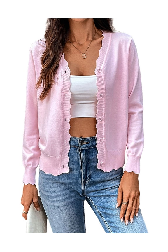 Women's Cardigan - Long Sleeve Button Front Lightweight Solid Color Scalloped V-Neck Fall Casual Cardigan