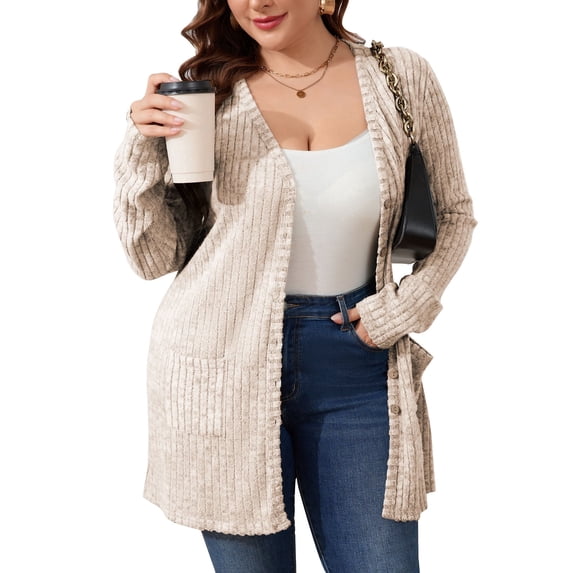 Cogild Plus Size Women's Long Beige Brushed Knit Cardigan – Button-Up Outerwear with Front Pockets XL~5XL