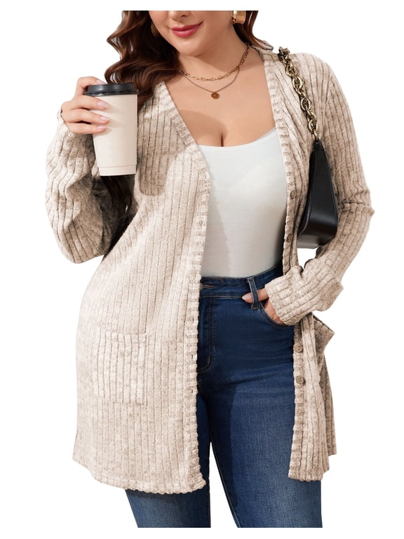 Plus Size Women's Long Beige Brushed Knit Cardigan – Button-Up Outerwear with Front Pockets XL~5XL