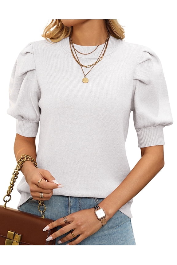 Puff Sleeves Sweaters for Womens Short Sleeve Crew Neck Oversized Sweaters Tops Solid Color