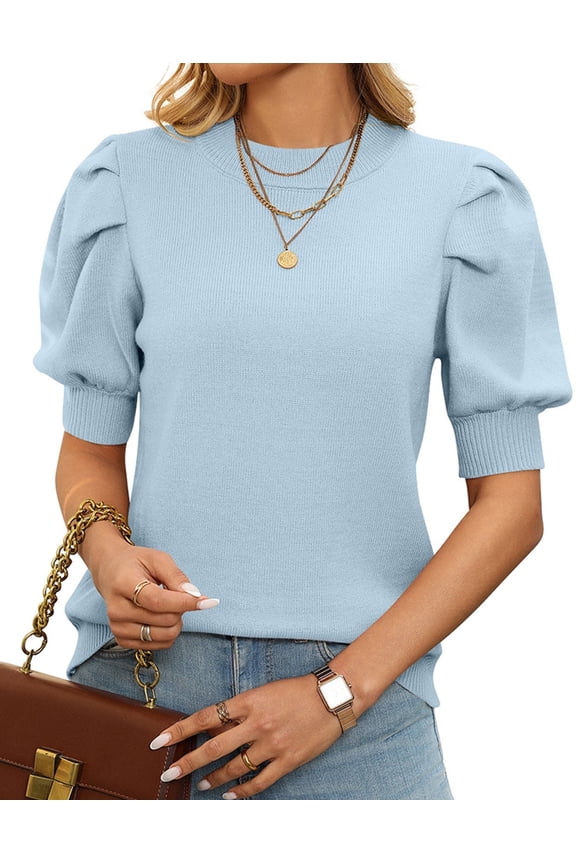 Puff Sleeves Sweaters for Womens Short Sleeve Crew Neck Oversized Sweaters Tops Solid Color