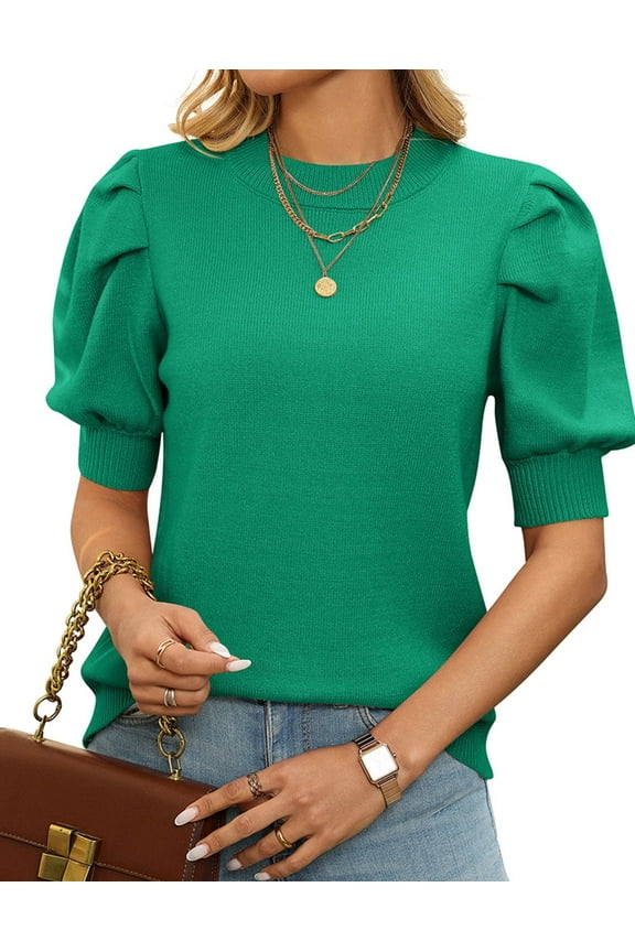 Puff Sleeves Sweaters for Womens Short Sleeve Crew Neck Oversized Sweaters Tops Solid Color