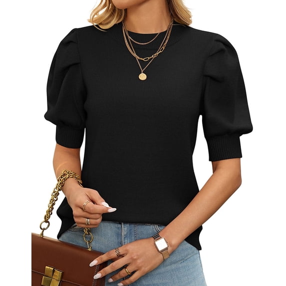 Cogild Puff Sleeves Sweaters for Womens Short Sleeve Crew Neck Oversized Sweaters Tops Solid Color