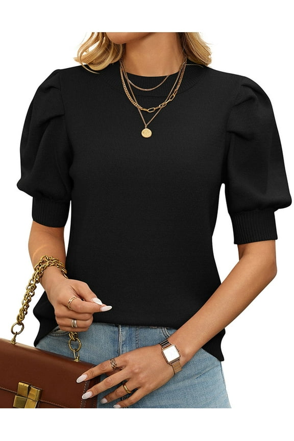 Puff Sleeves Sweaters for Womens Short Sleeve Crew Neck Oversized Sweaters Tops Solid Color