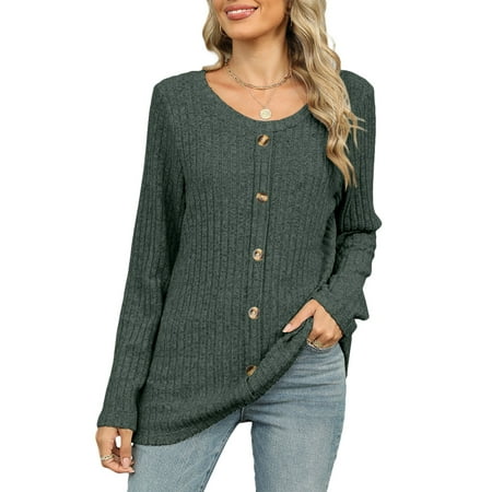 Cogild Pullover Tops Long Sleeve Tunic Sweaters for Women Causal Sweaters Crew Neck with Button Design