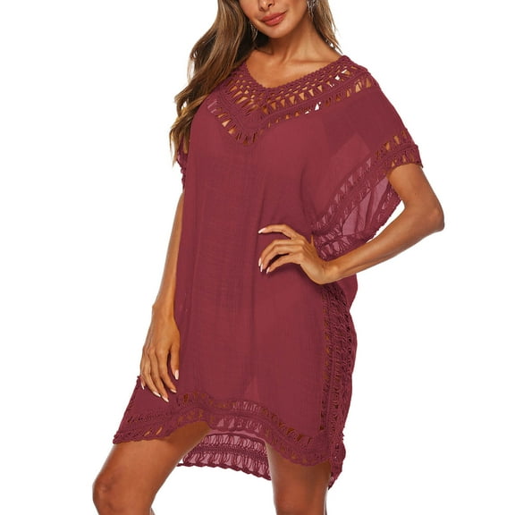 Cogild Red Beach Coverup Dress Hollow Out Plus Size Swimwear Bikini Swimsuit Cover ups Bathing Suit Coverups