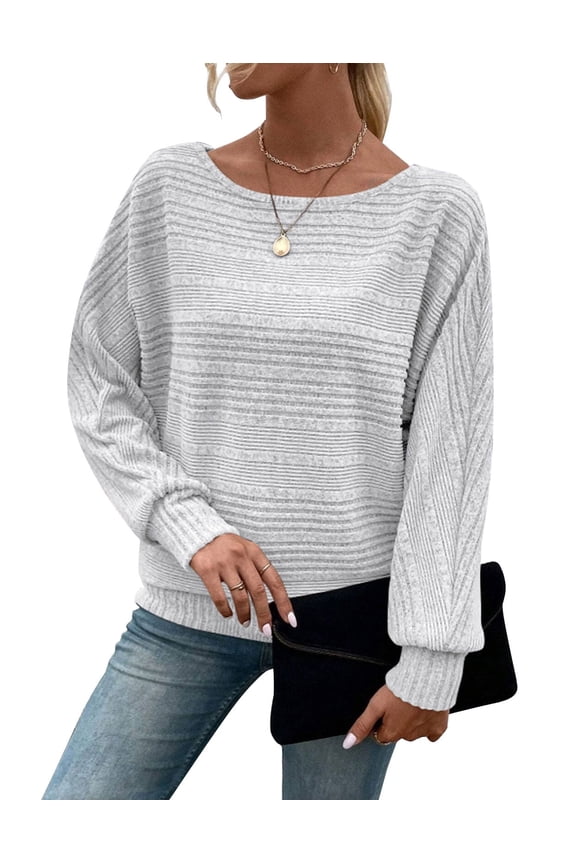 Ribbed Knit Pullover Striped Sweaters for Womens Lightweight Shirts for Ladies Long Sleeves Crewneck Design Cozy Oversized Tops