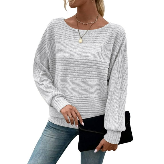 Cogild Ribbed Knit Pullover Striped Sweaters for Womens Lightweight Shirts for Ladies Long Sleeves Crewneck Design Cozy Oversized Tops
