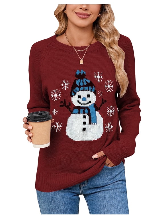 Christmas Sweaters for Women Snowman Knit Crewneck Long Sleeve Pullover Holiday Sweater