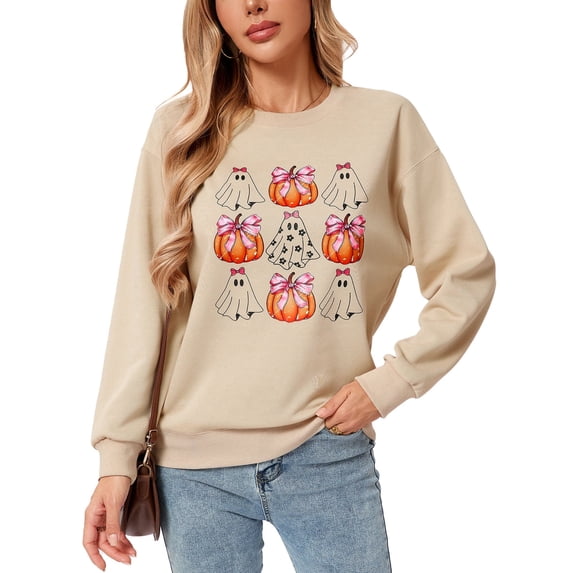 Cogild Sweaters for Women Halloween Cute Pumpkin Ghost Knit Sweater, Crew Neck Long Sleeve Fall Pullover