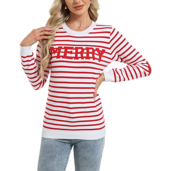 Cogild Striped Long Sleeve Crew Neck Sweaters for Womens Pullover Top with MERRY Embroidery Christmas Sweaters Womens Sweaters Winter Casual Sweaters for Womens