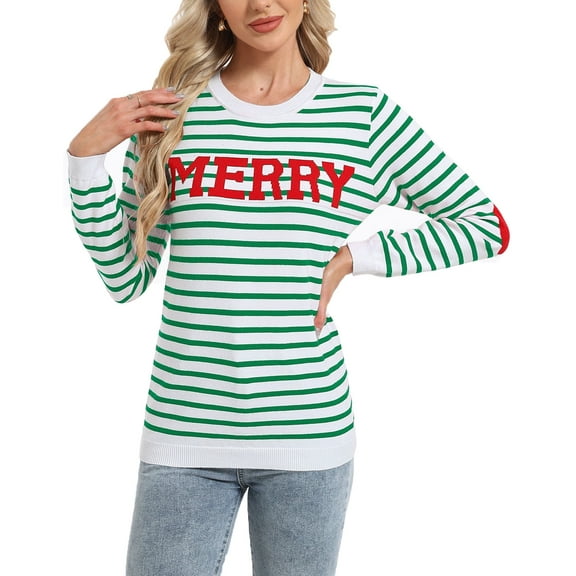 Cogild Striped Long Sleeve Crew Neck Sweaters for Womens Pullover Top with MERRY Embroidery Christmas Sweaters Womens Sweaters Winter Casual Sweaters for Womens
