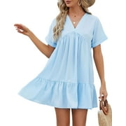 Cogild Summer Dresses Casual Short Sleeve Square Neck Mini Dresses Floral Print Sundresses For Women