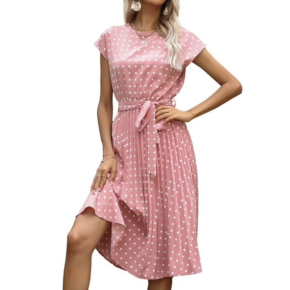 Cogild Summer Dresses For Women Casual Polka Dots Midi Dresses Pleated Flowy Elastic Waist Dress With Belt
