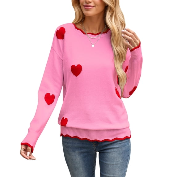 Cogild Sweaters for Women Heart Knit Sweater, Scalloped Crew Neck Long Sleeve Casual Pullover