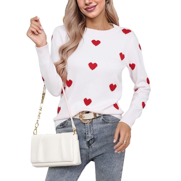 Cogild Sweaters for Women Heart Pattern Crewneck Long Sleeve Knit Pullover Sweater