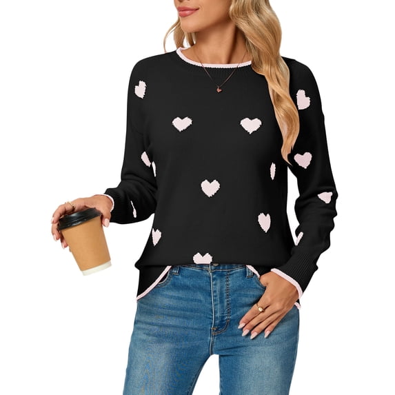 Cogild Sweaters for Women Heart Pattern Knit Crew Neck Long Sleeve Pullover Sweater