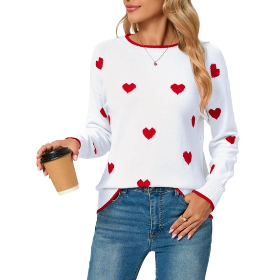 Cogild Sweaters for Women Heart Pattern Knit Crew Neck Long Sleeve Pullover Sweater