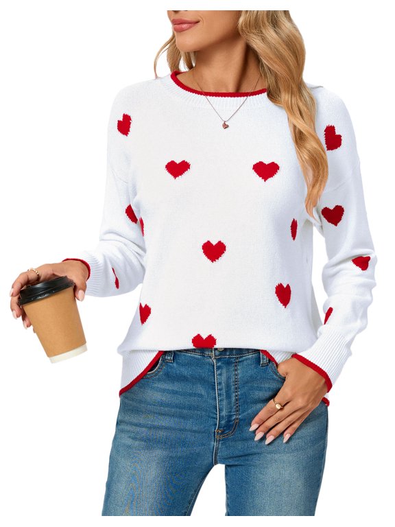Sweaters for Women Heart Pattern Knit Crew Neck Long Sleeve Pullover Sweater