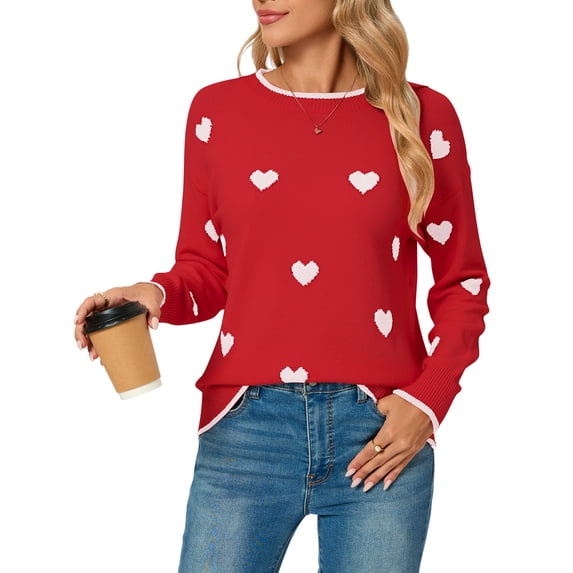 Cogild Sweaters for Women Heart Pattern Knit Crew Neck Long Sleeve Pullover Sweater