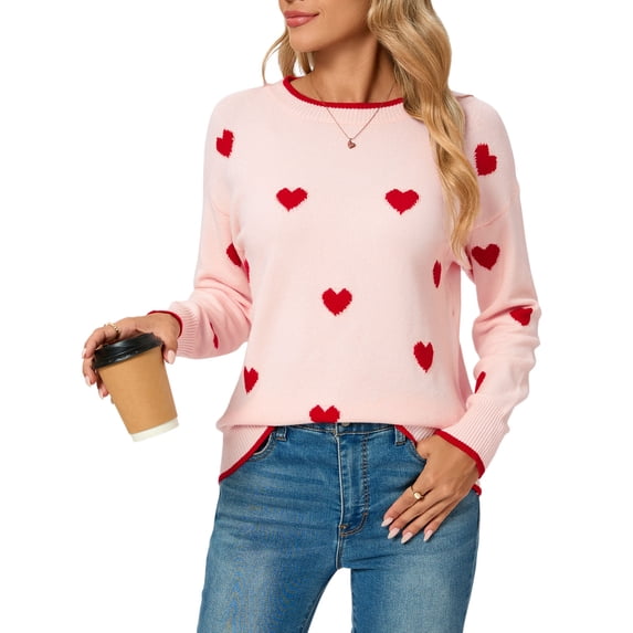 Cogild Sweaters for Women Heart Pattern Knit Crew Neck Long Sleeve Pullover Sweater
